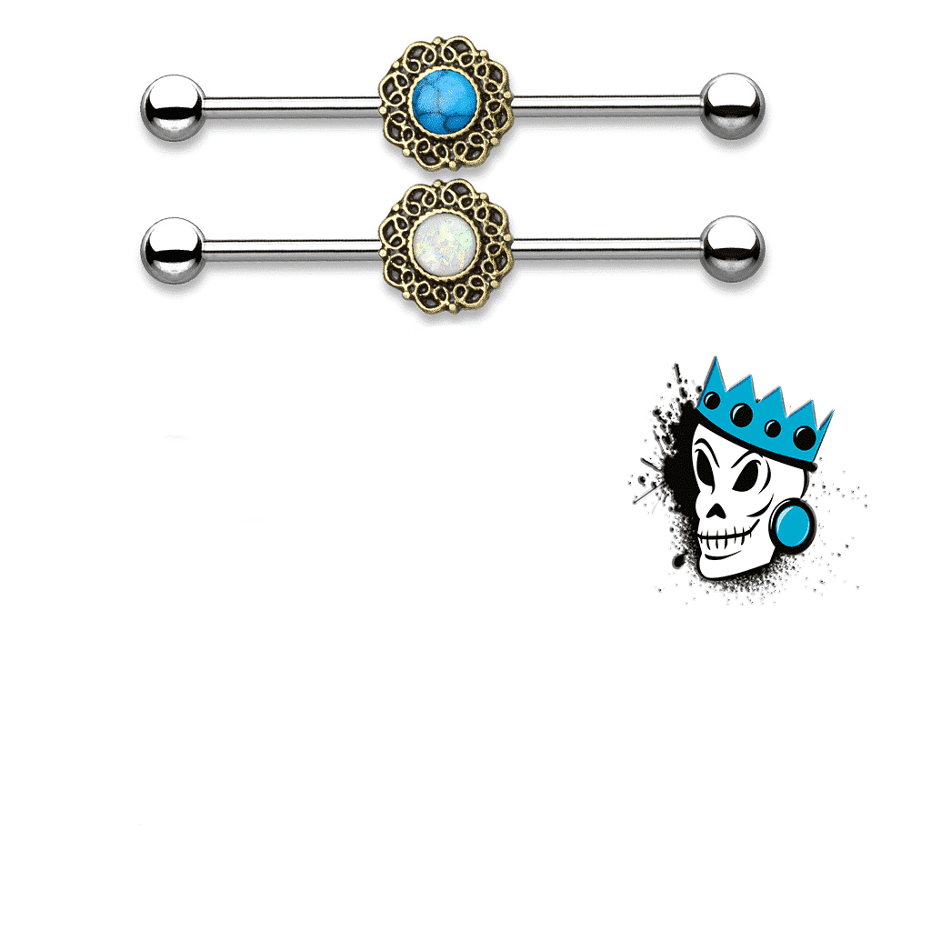 Filigree Industrial Barbell with Inlaid Stone (14 gauge)