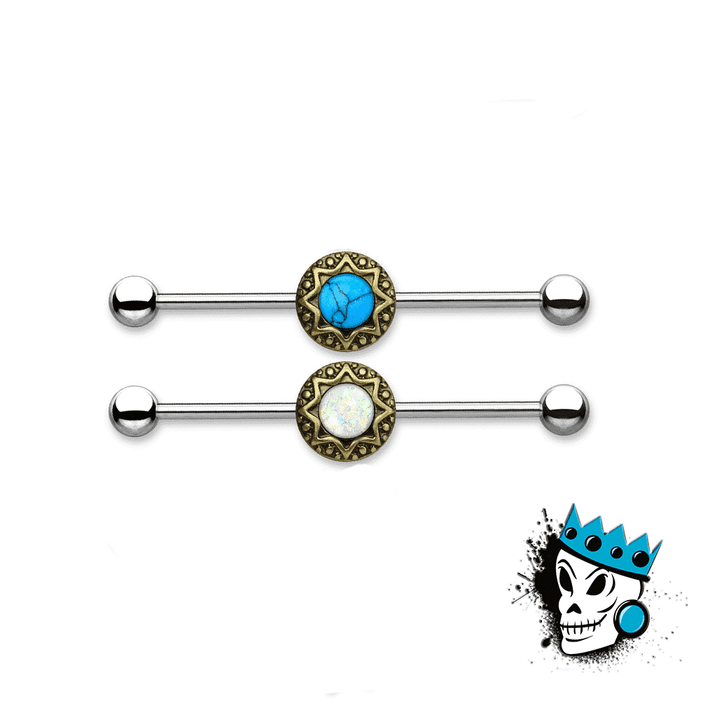 Sun Industrial Barbell with Inlayed Stone (14 gauge)