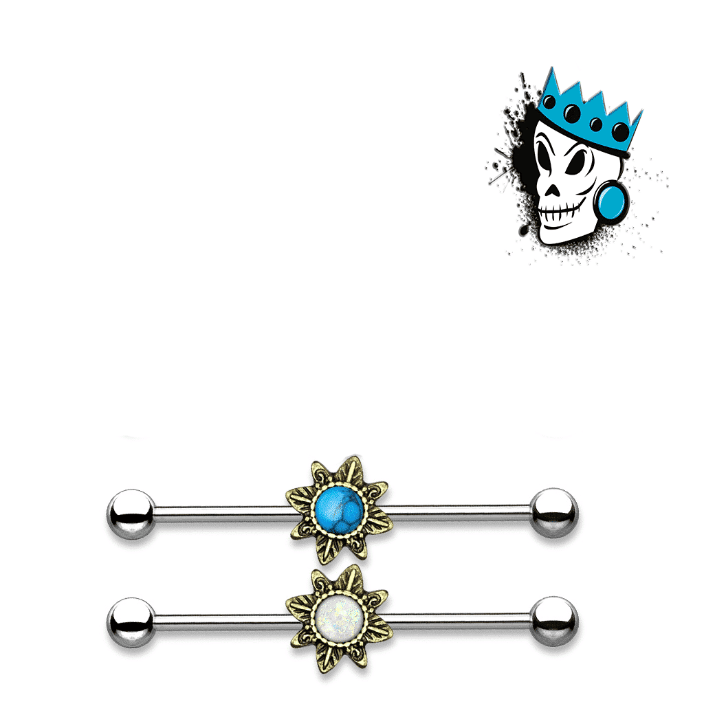 Flower Industrial Barbell with Inlaid Stone (14 gauge)