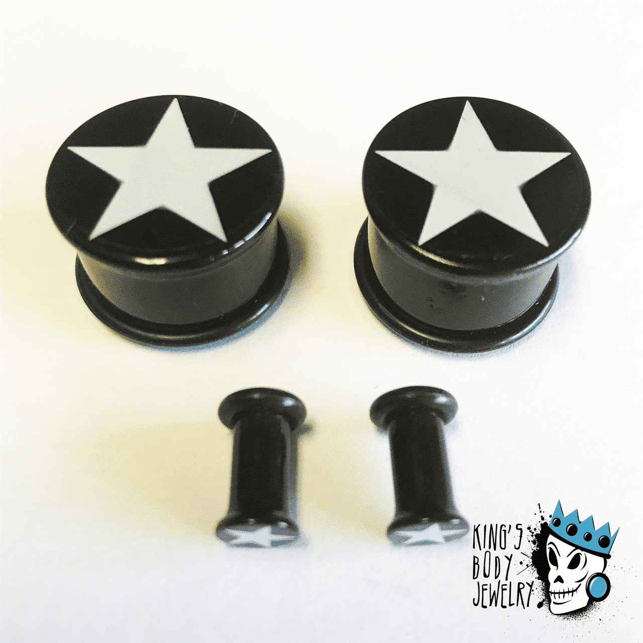 Black Acrylic Single Flare Plug with White Star (6 gauge - 3/4 inch)