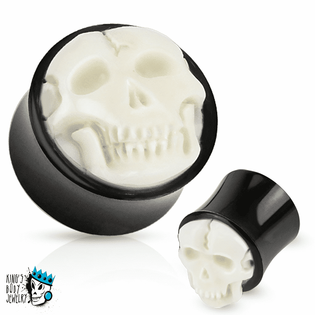 Buffalo Horn with Inlaid Bone Skull Plugs (0 gauge - 1 inch)