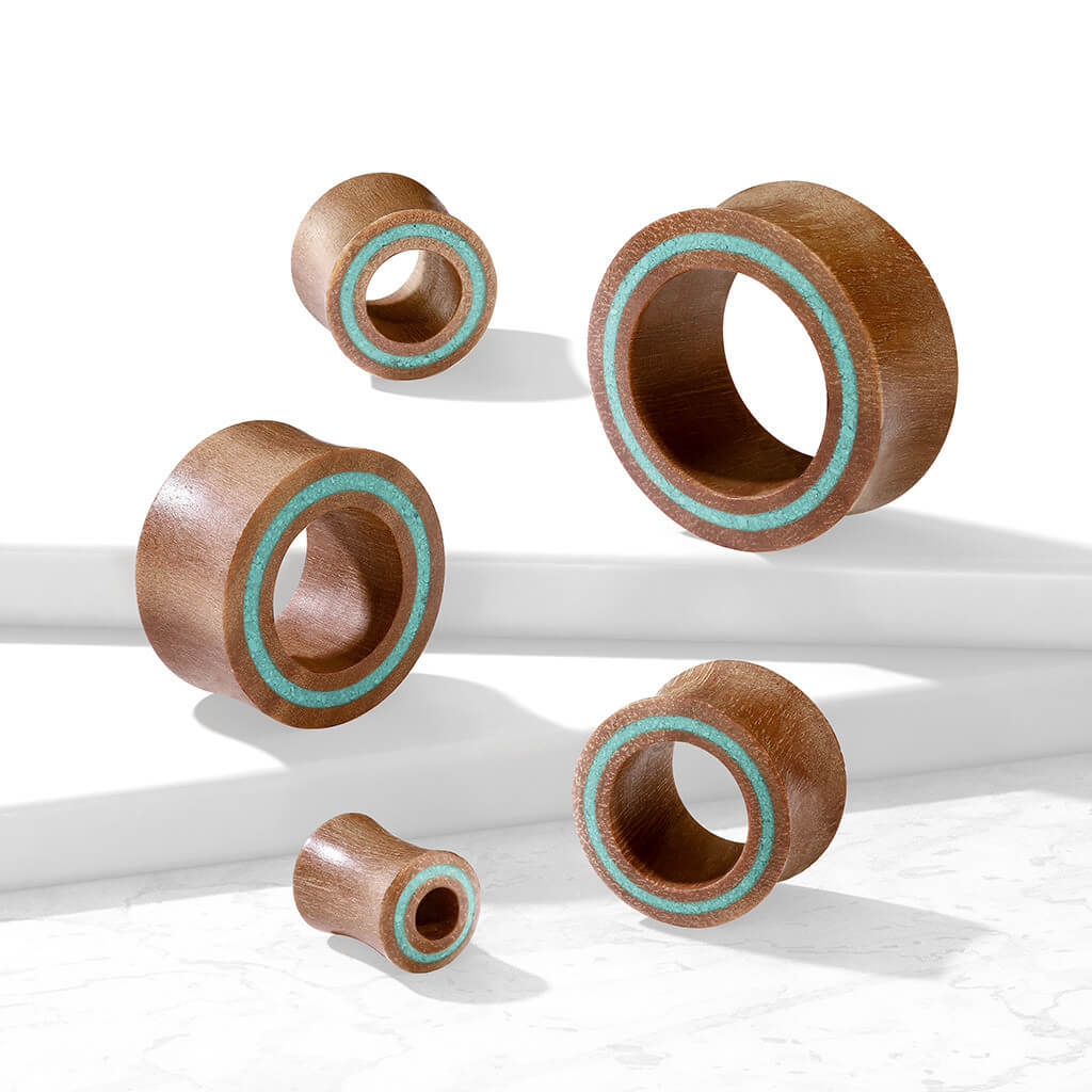 Sawo Wood Tunnels with Inlayed Turquoise (0 gauge - 1 inch)