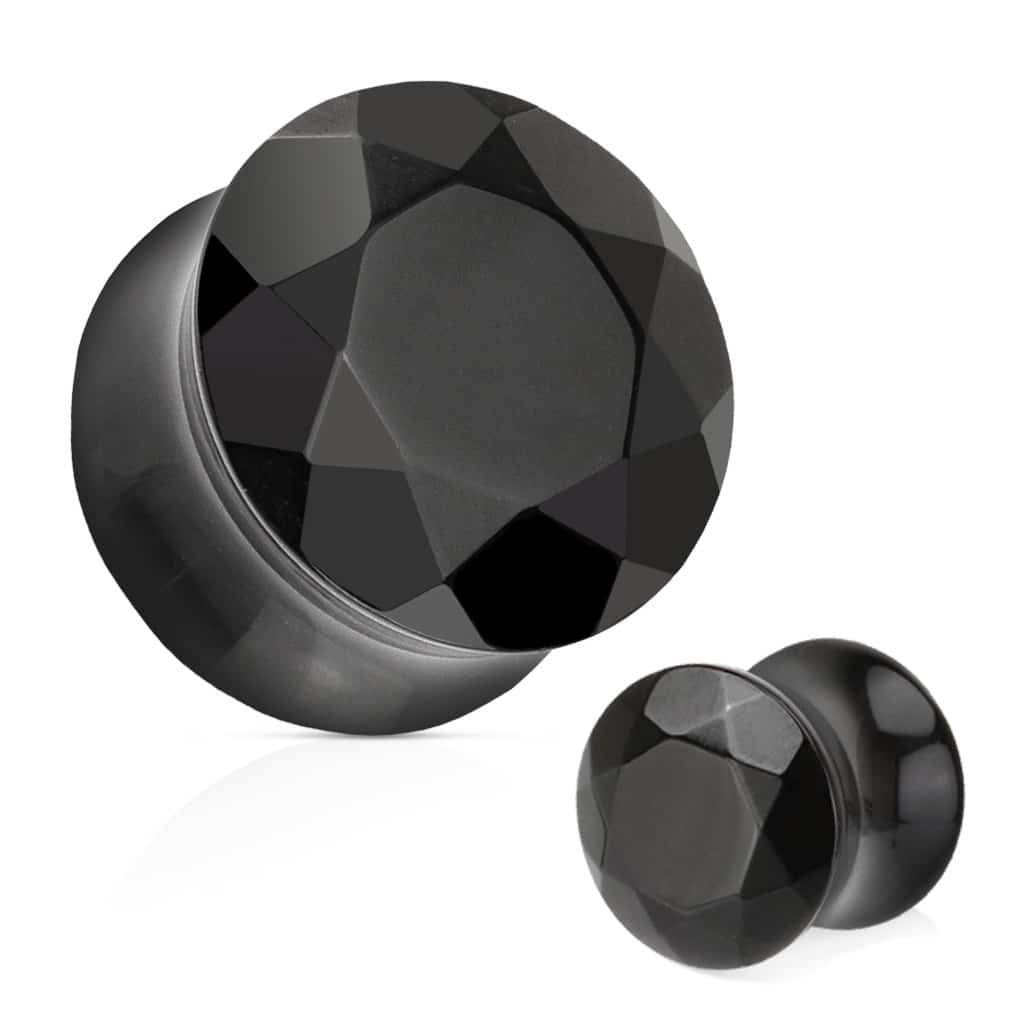 Black Agate Facet Cut Stone Plugs (2 gauge - 5/8 inch)