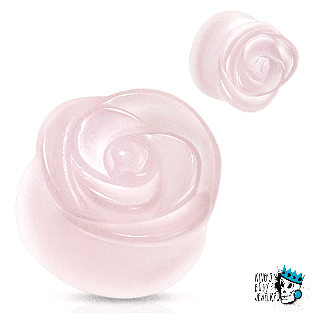 Rose Quartz Rose Carved Stone Plugs (1/2 inch - 13/16 inch)