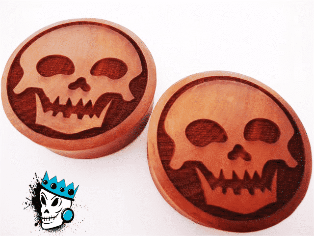 Laser Engraved Skull Wood Plugs (15 mm)