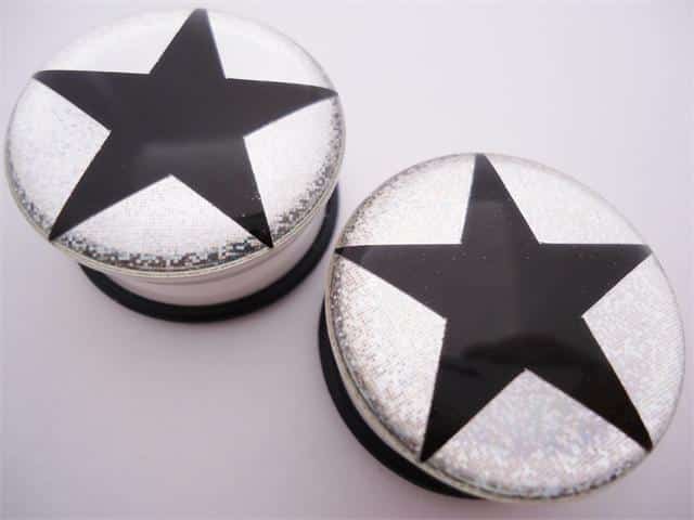 Black Star with White Glitter Plugs (2 gauge - 1 inch)