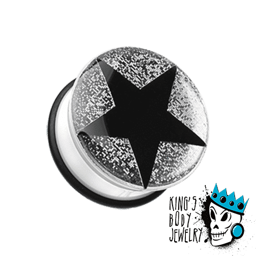 Black Star with White Glitter Plugs (2 gauge - 1 inch)