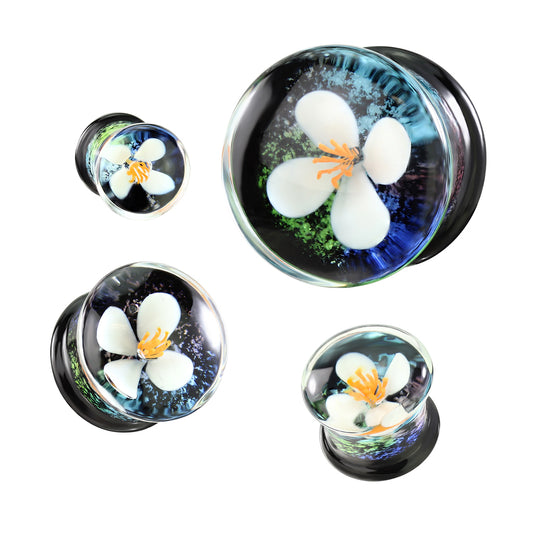 White Flower Glass Plugs (0g-5/8'')