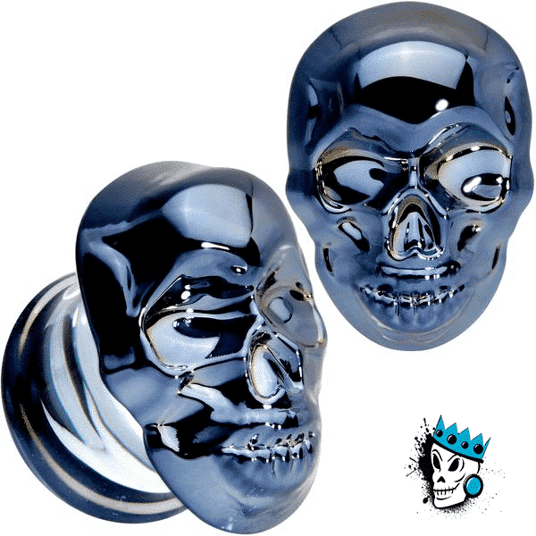 Black Metallic Skull Glass Plugs (2 gauge - 1 inch)