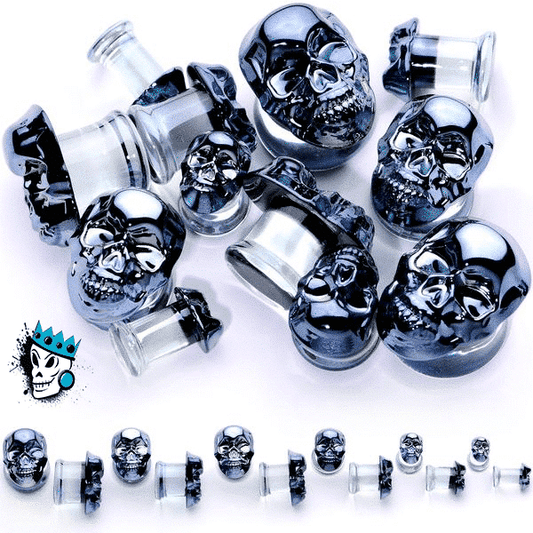 Black Metallic Skull Glass Plugs (2 gauge - 1 inch)