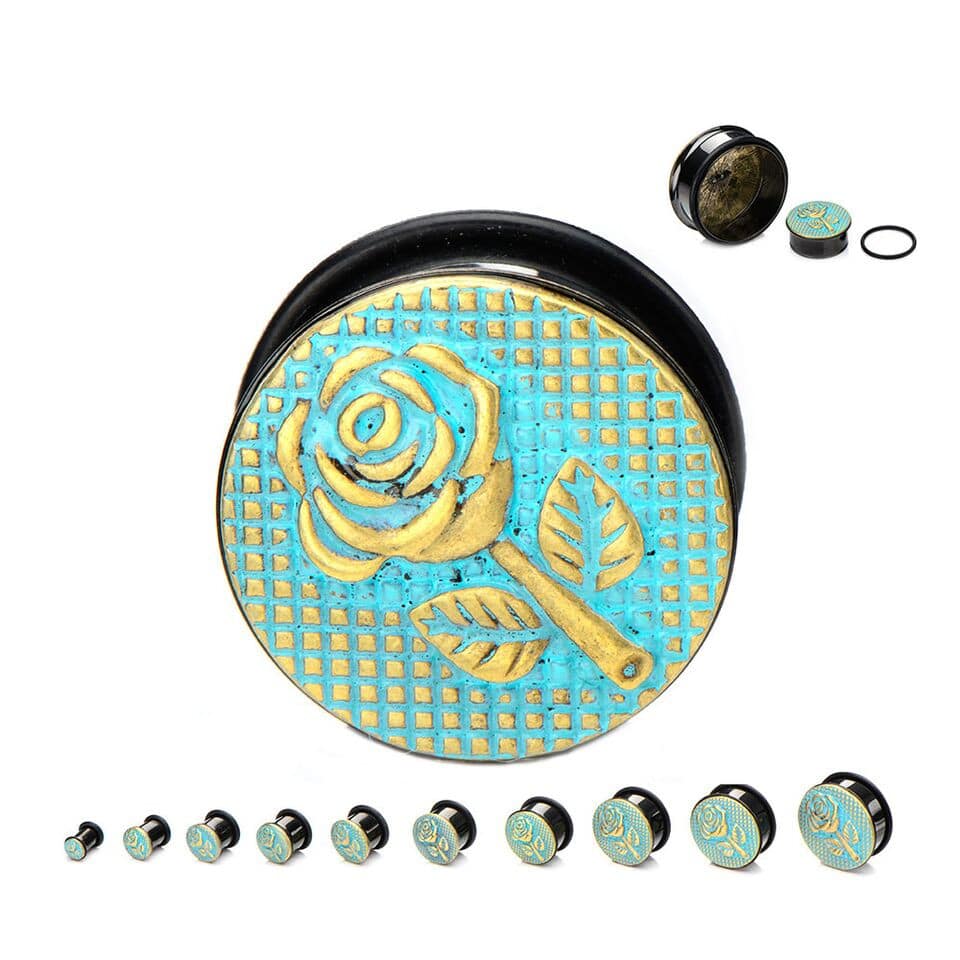 Brass and Blue Rose Plugs (2 gauge - 1 inch)