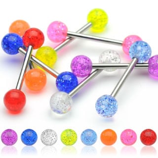 Straight Barbells with Acrylic Glitter Balls - Various Colors (14 gauge 5/8" Length)