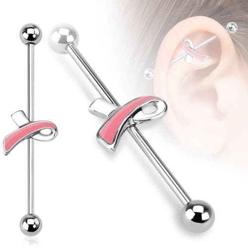 Pink Breast Cancer Ribbon Industrial Barbell (14 gauge)