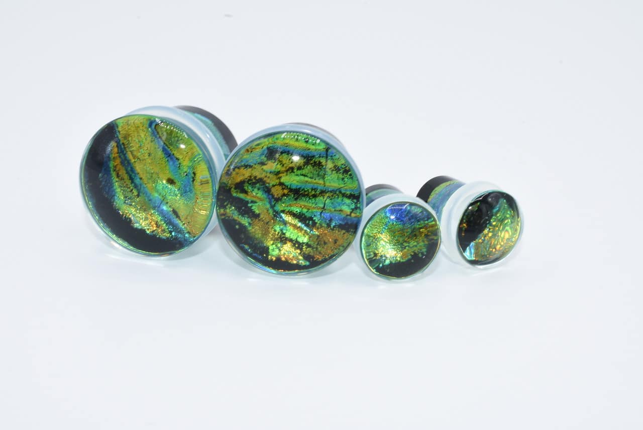 Blue and Green Dichroic Swirls Glass Plugs (2 gauge - 3/4 inch)