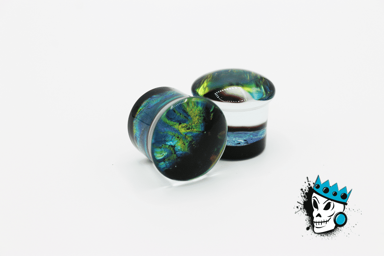 Blue and Green Dichroic Swirls Glass Plugs (2 gauge - 3/4 inch)