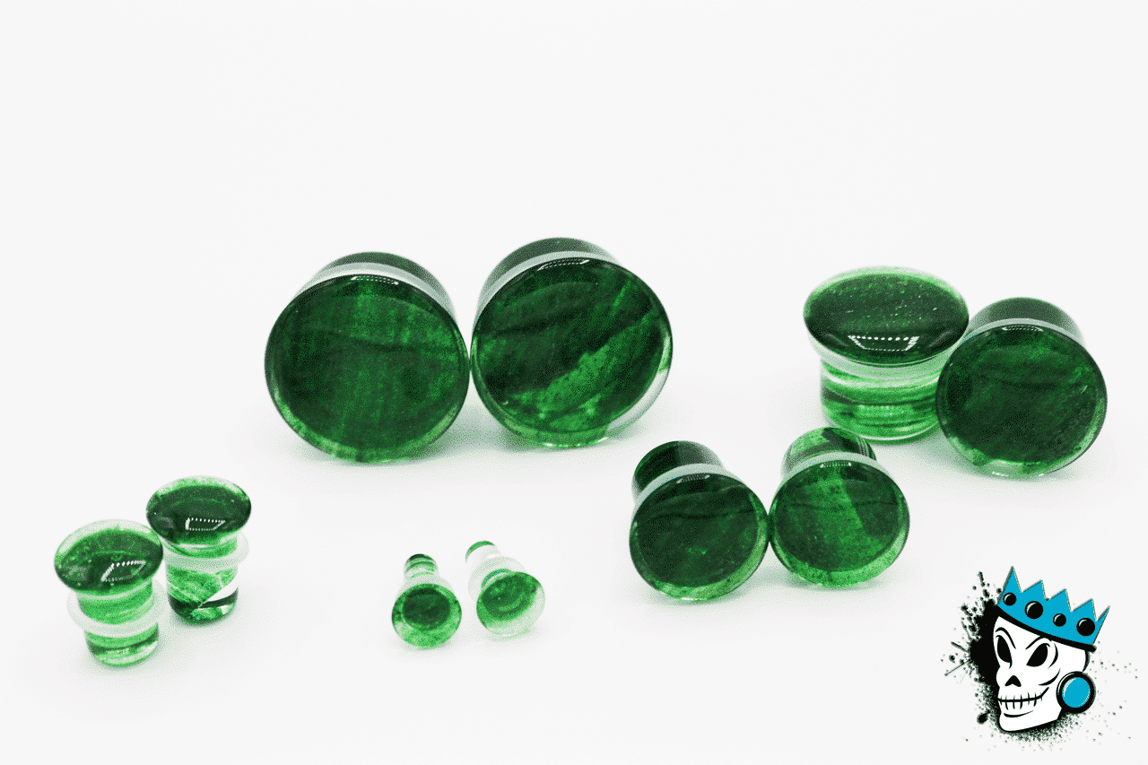 Green Glitter Single Flare Glass Plugs (6 gauge - 1 inch)