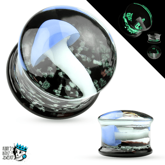 Blue Glow in the Dark Mushroom Glass Plugs (2 gauge - 5/8 inch)