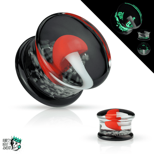 Red Glow in the Dark Mushroom Glass Plugs (2 gauge - 5/8 inch)