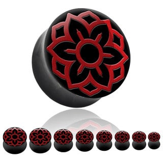 Buffalo Horn with Red Lotus Flower Inlay Plugs (0 gauge - 7/8 inch)