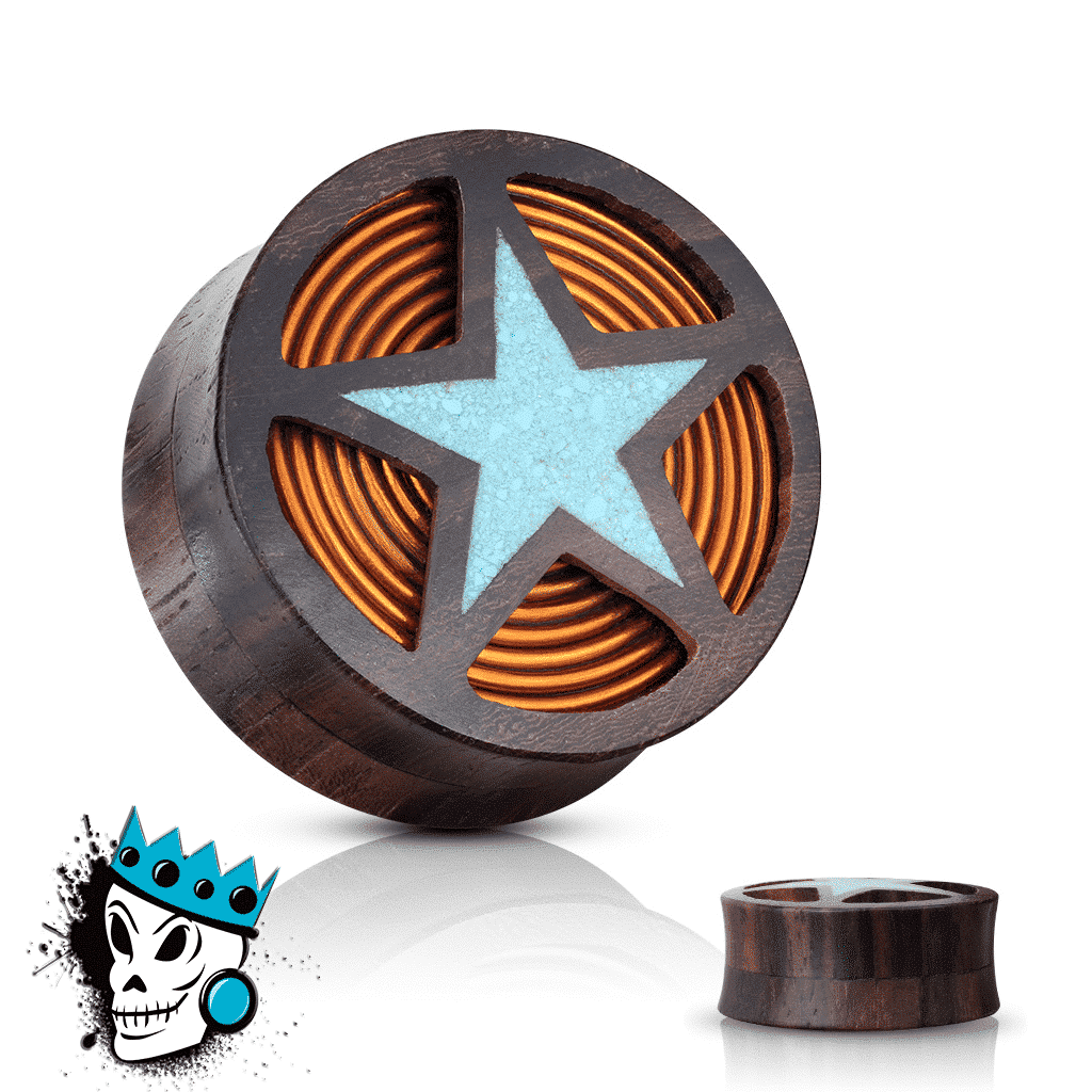 Sono Wood with Turquoise Star and Copper Inlay Plugs (00 gauge - 1 inch)