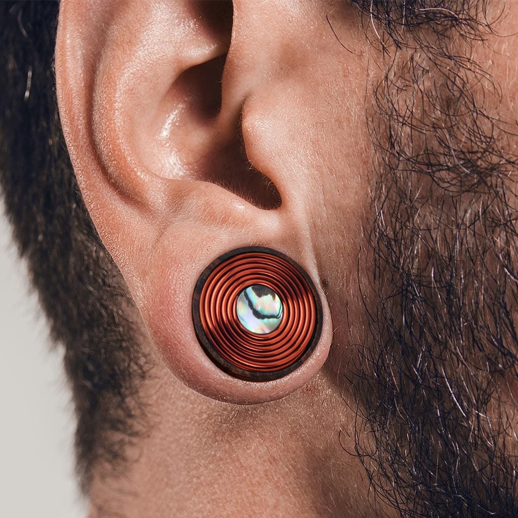 Sono Wood with Mother of Pearl and Copper Wire Coil Inlay Plugs (00 gauge - 1 inch)