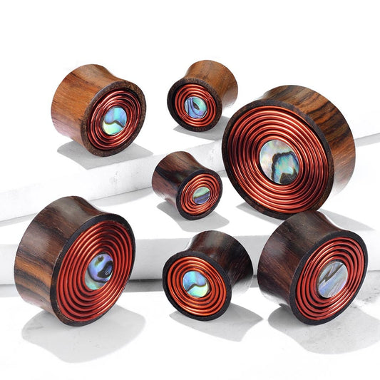 Sono Wood with Mother of Pearl and Copper Wire Coil Inlay Plugs (00 gauge - 1 inch)