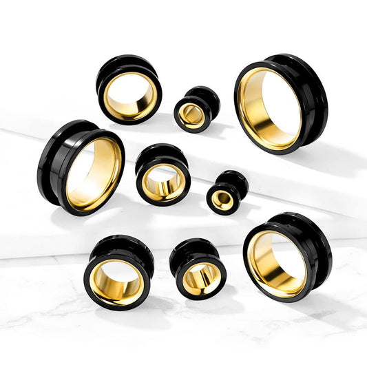 Black Steel Flesh Tunnels with Gold Inlay (2 gauge - 1 inch)
