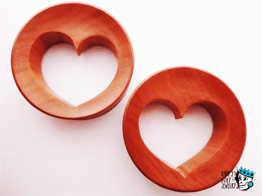 Heart Cut Out Red Saba Wood Plugs (21mm - 49 mm)