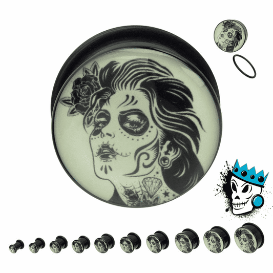 Day of the Dead Girl Glow in the Dark Plugs (2 gauge - 1 inch)