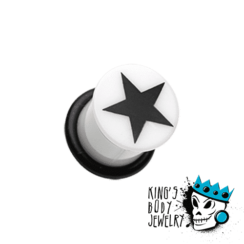 White Acrylic Single Flare Plug with Black Star (6 gauge - 5/8 inch)
