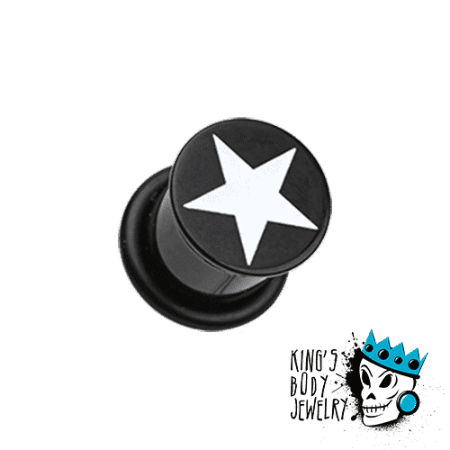 Black Acrylic Single Flare Plug with White Star (6 gauge - 3/4 inch)